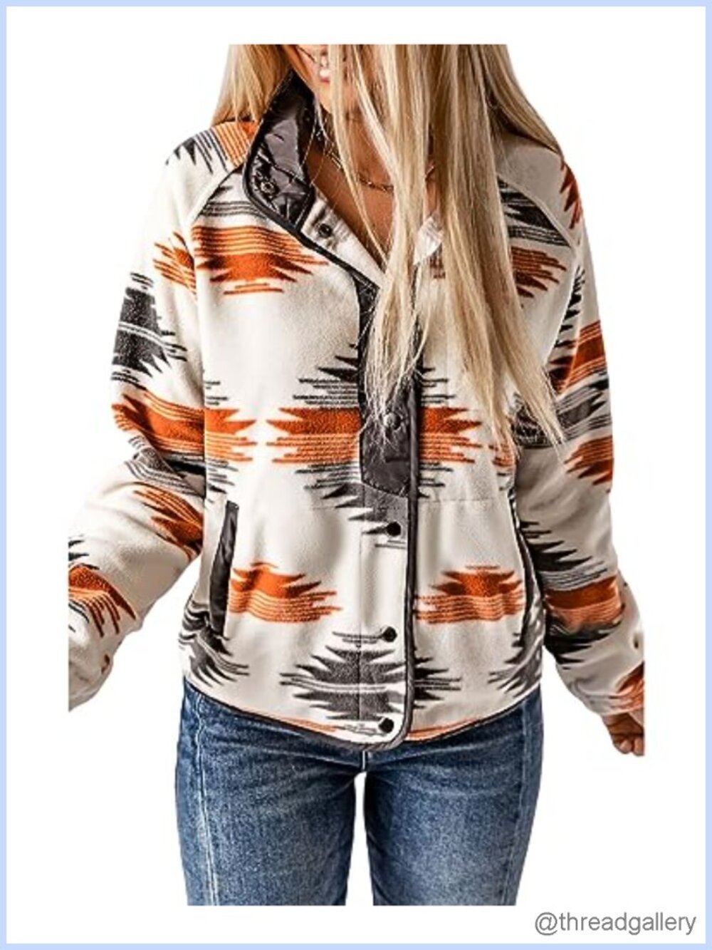 Womens Fleece Jacket Aztec Print Snap Button Down Warm Coat
